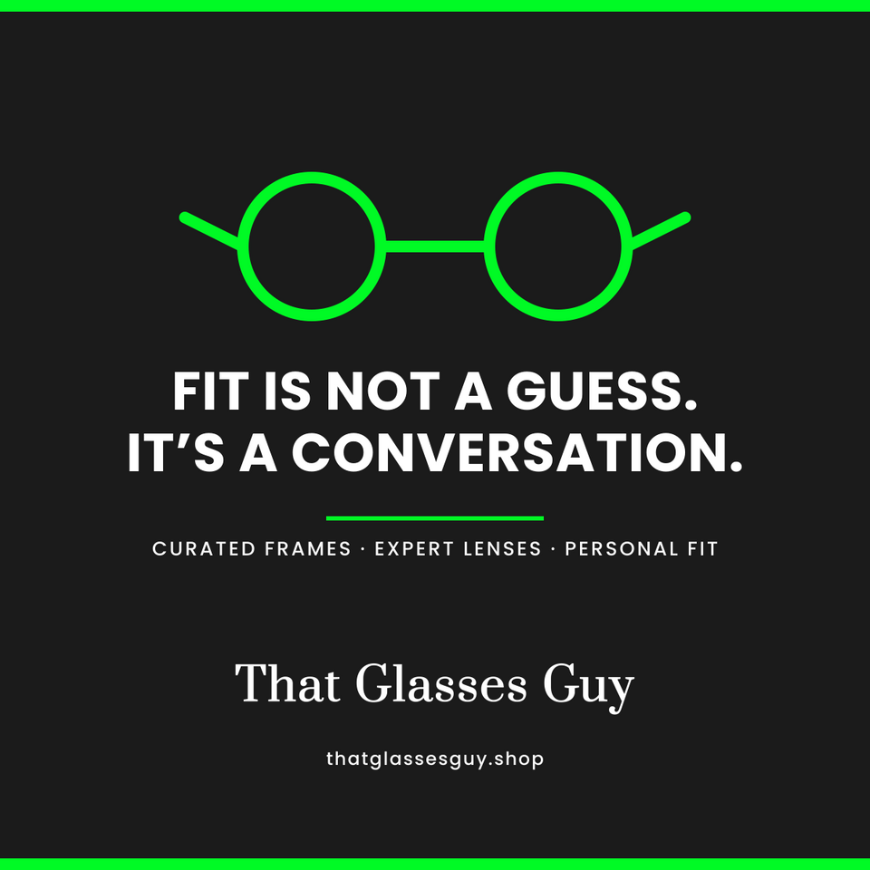 That Glasses Guy wordmark lockup reading "Fit is not a guess. It's a conversation." with a lime green glasses icon on a dark background, thatglassesguy.shop