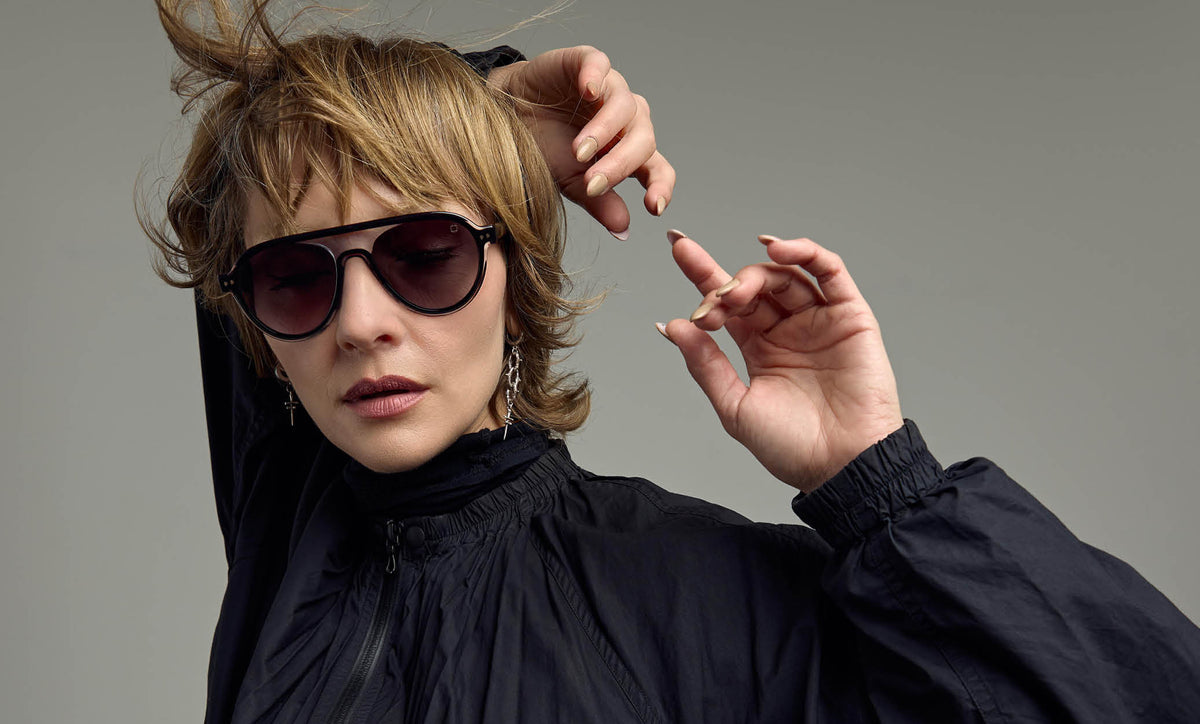 Blake Kuwahara Burns sunglasses in Midnight with gradient sun lenses, worn by model, Fall/Winter 2026 editorial