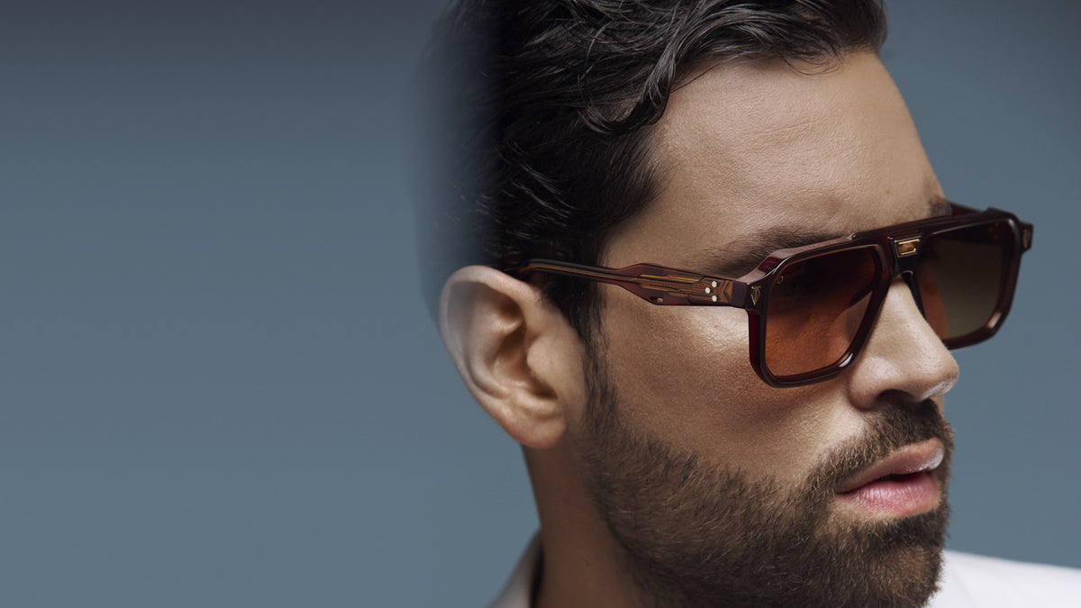 T Henri Somnia sunglasses in Desert Rose, worn by model, editorial