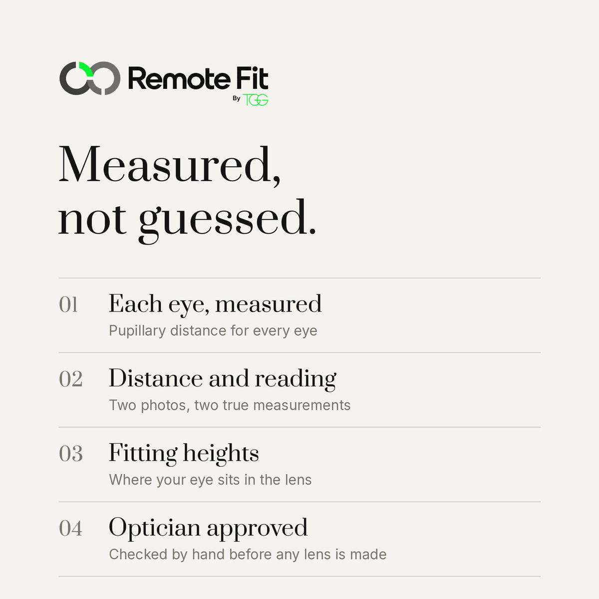 Remote Fit by TGG - measured, not guessed: each eye, distance and reading, fitting heights, optician approved